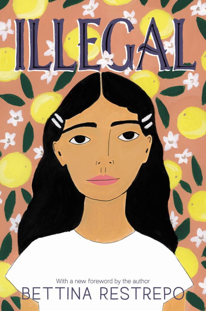 paperback book cover. illustratative young hispanic girl with long black hair parted in the middle. in the background behind the girl are grapefruits and white flowers